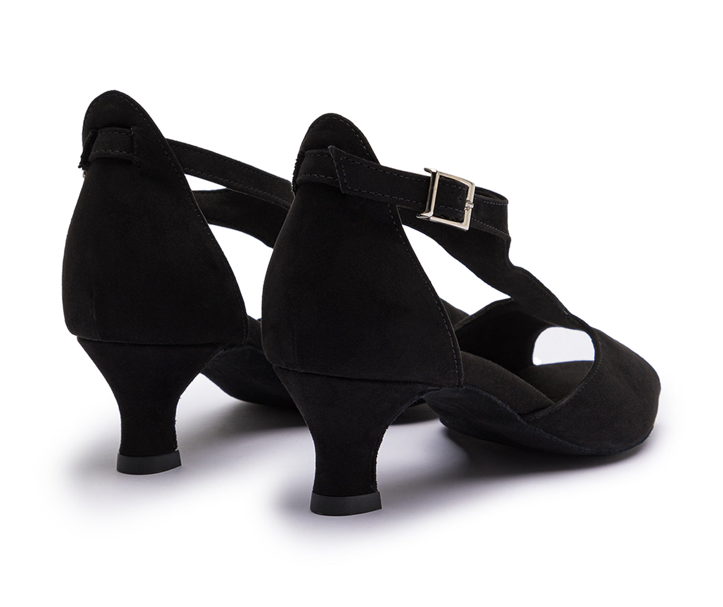 DQ1001 Schwarzer Tanzschuh mit Wildleder-Sohle, Riemen und Schnallen von Dancing Queens, Rückansicht.